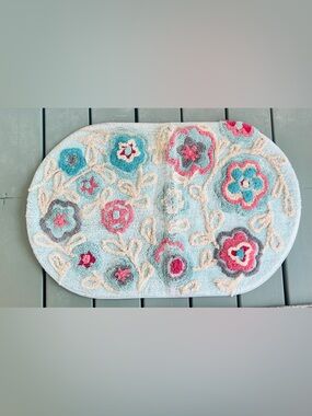 Pier 1 Light Blue Floral Bath Mat with Pink and Teal Accents